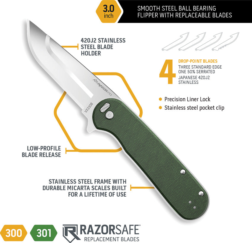 Razor VX3 Linerlock A/O Green - OEVX330B